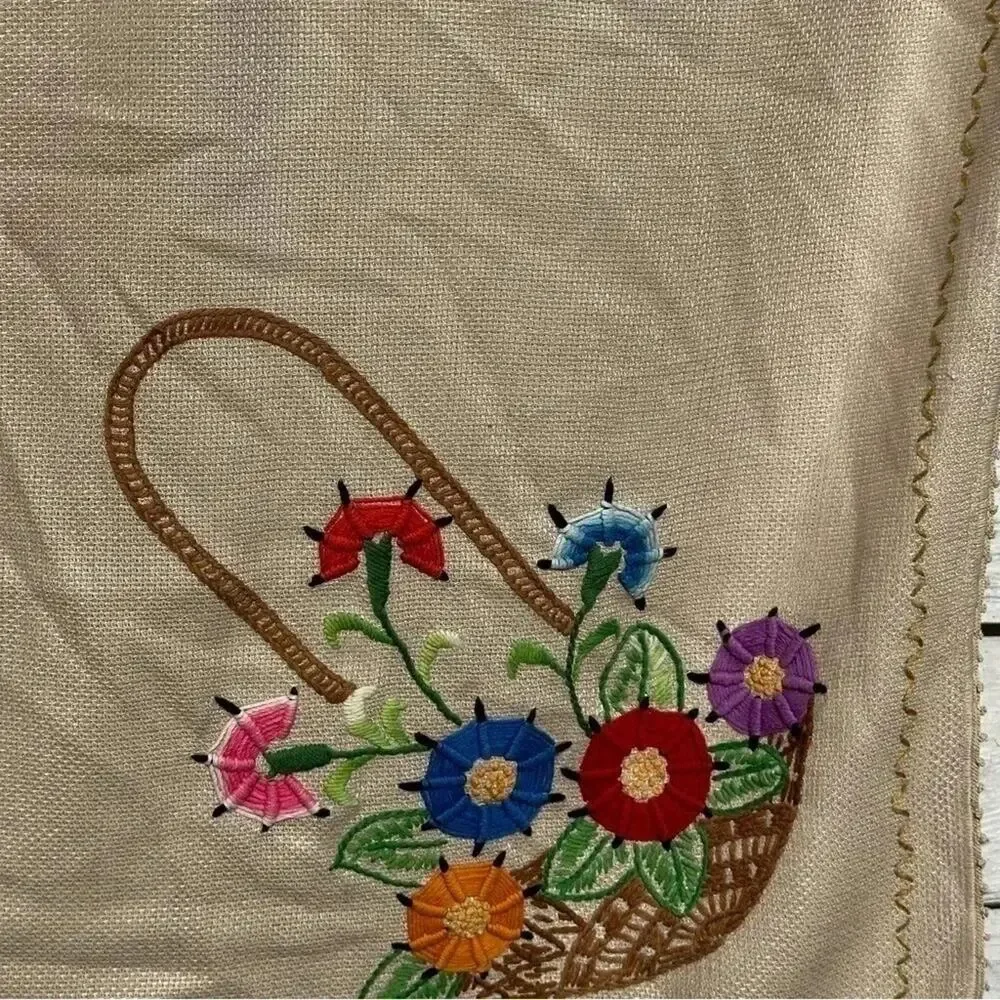 Vintage embroidered tablecloth baskets on each corner measurements are 40”43”